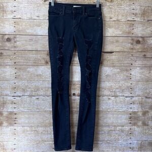 Levis 711 Skinny Jeans Womens 25 Black Distressed Ripped Denim Mid Rise Pants